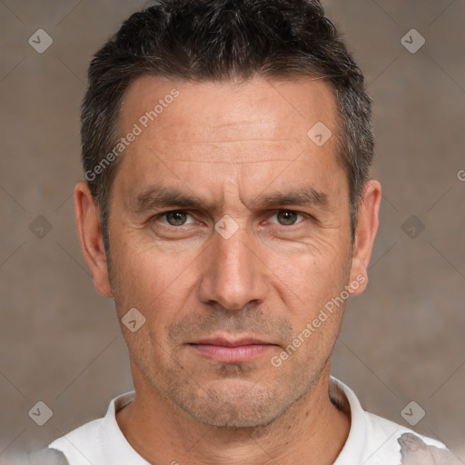 Neutral white adult male with short  brown hair and brown eyes