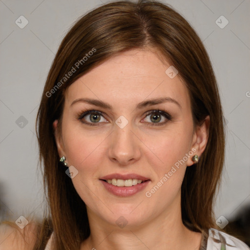 Joyful white young-adult female with medium  brown hair and green eyes