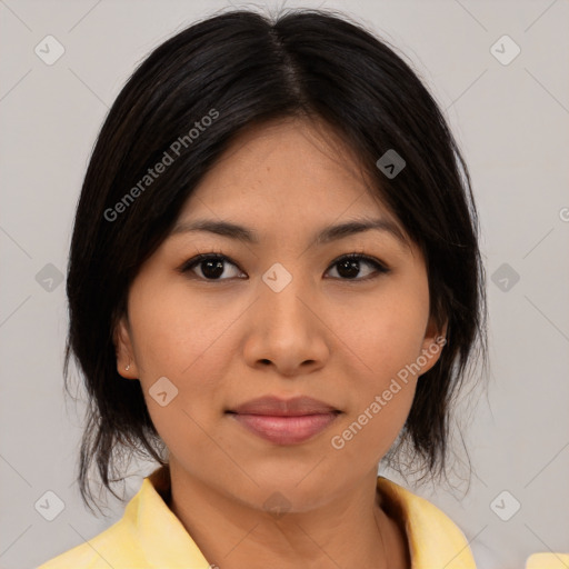 Joyful asian young-adult female with medium  brown hair and brown eyes