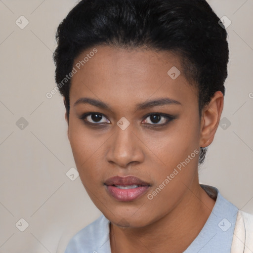 Neutral black young-adult female with short  black hair and brown eyes