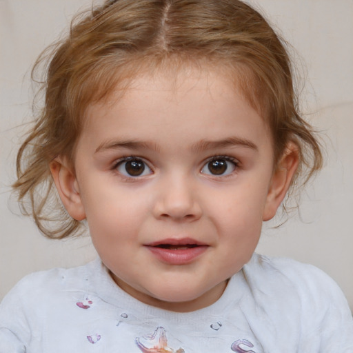 Joyful white child female with medium  brown hair and brown eyes