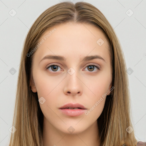 Neutral white young-adult female with long  brown hair and brown eyes