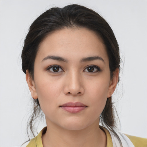 Neutral asian young-adult female with medium  brown hair and brown eyes