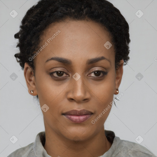 Joyful latino young-adult female with short  black hair and brown eyes