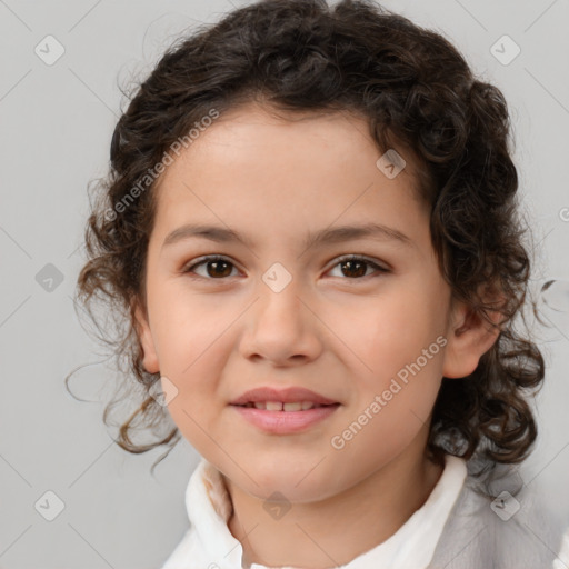 Joyful white child female with medium  brown hair and brown eyes