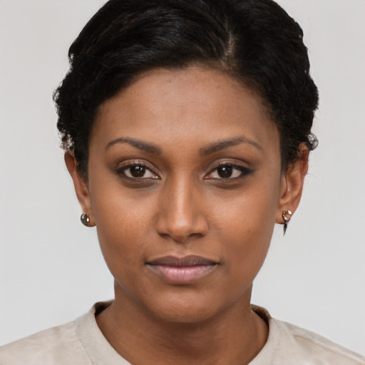 Neutral latino young-adult female with short  brown hair and brown eyes