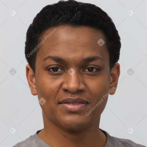 Joyful black young-adult female with short  black hair and brown eyes