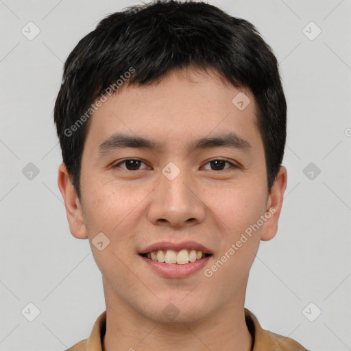 Joyful white young-adult male with short  black hair and brown eyes