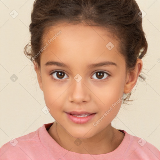 Joyful white child female with medium  brown hair and brown eyes