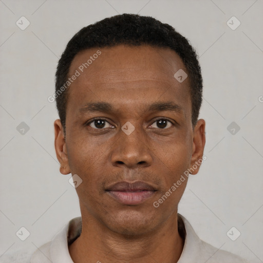 Neutral black young-adult male with short  black hair and brown eyes