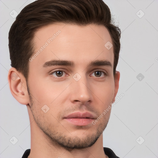 Neutral white young-adult male with short  brown hair and brown eyes