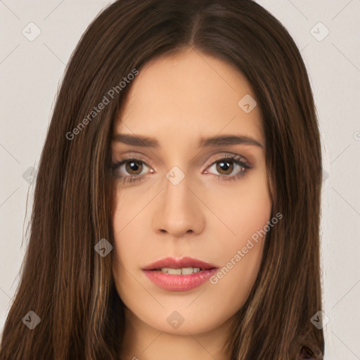 Neutral white young-adult female with long  brown hair and brown eyes