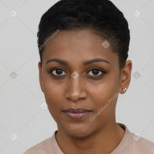 Neutral black young-adult female with short  black hair and brown eyes