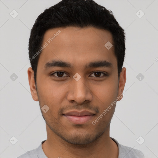 Neutral latino young-adult male with short  black hair and brown eyes