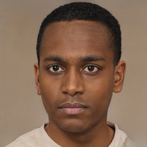 Neutral black young-adult male with short  black hair and brown eyes
