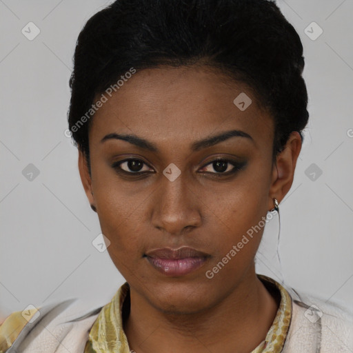 Neutral black young-adult female with short  black hair and brown eyes