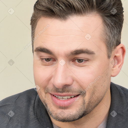 Joyful white young-adult male with short  brown hair and brown eyes