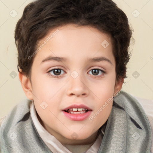 Joyful white child female with short  brown hair and brown eyes