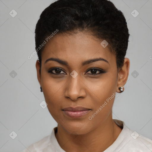 Neutral black young-adult female with short  black hair and brown eyes