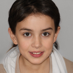 Joyful white child female with medium  brown hair and brown eyes