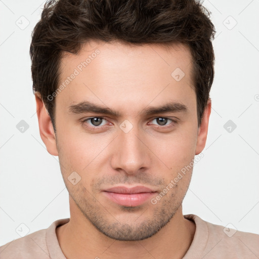 Neutral white young-adult male with short  brown hair and brown eyes