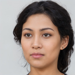 Neutral asian young-adult female with long  brown hair and brown eyes