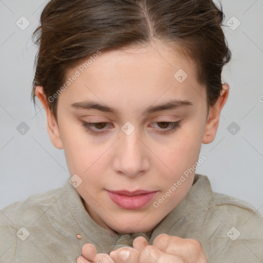 Neutral white young-adult female with short  brown hair and brown eyes