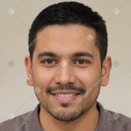 Joyful white young-adult male with short  black hair and brown eyes