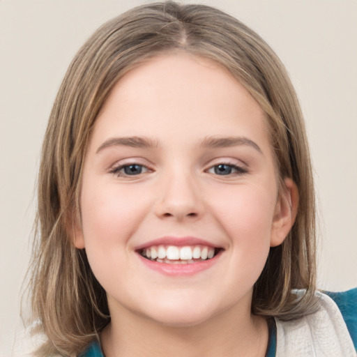 Joyful white child female with medium  brown hair and blue eyes