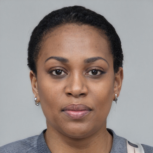 Neutral black adult female with short  black hair and brown eyes