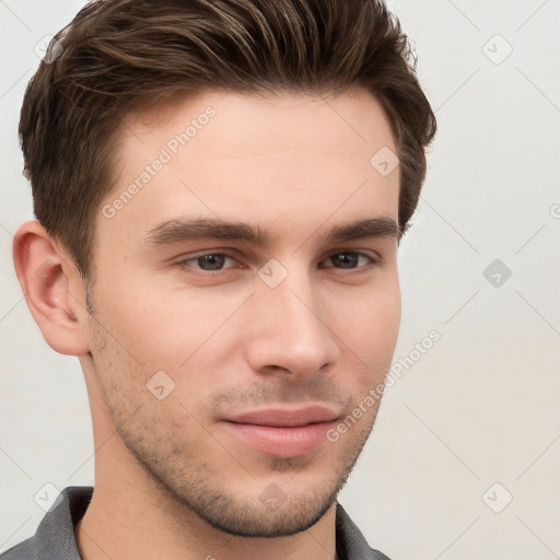 Neutral white young-adult male with short  brown hair and grey eyes