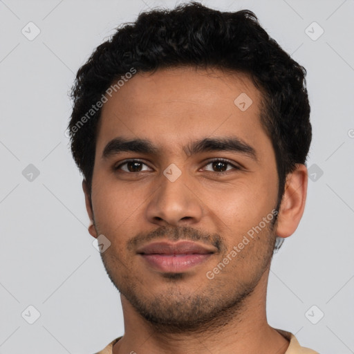 Neutral latino young-adult male with short  black hair and brown eyes