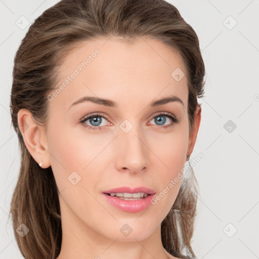 Joyful white young-adult female with medium  brown hair and blue eyes