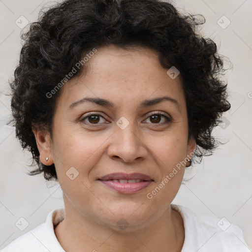 Joyful white adult female with short  brown hair and brown eyes