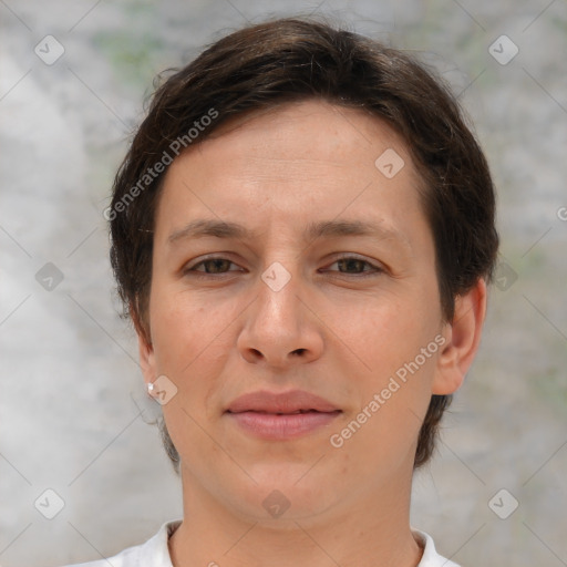 Joyful white adult female with short  brown hair and brown eyes