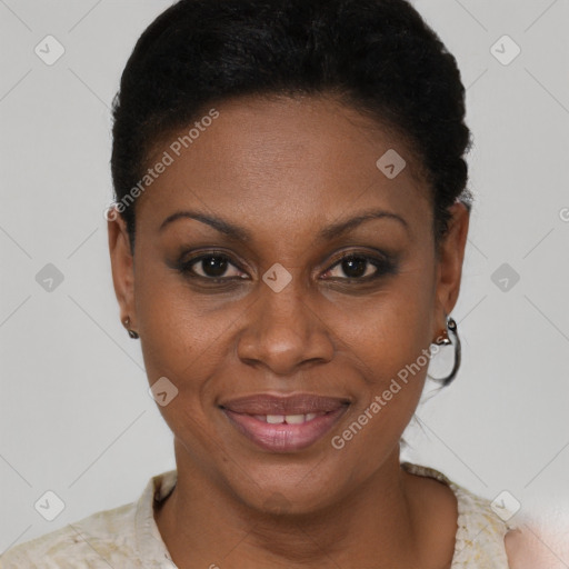Joyful black young-adult female with short  brown hair and brown eyes