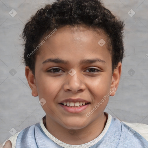 Joyful white child female with short  brown hair and brown eyes