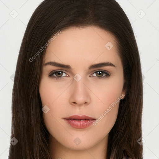 Neutral white young-adult female with long  brown hair and brown eyes