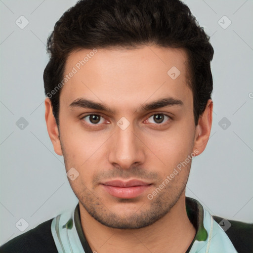 Neutral white young-adult male with short  brown hair and brown eyes