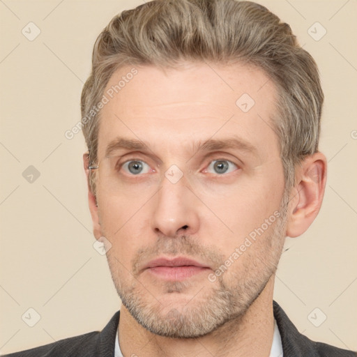 Neutral white adult male with short  brown hair and grey eyes