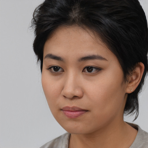 Neutral asian young-adult female with medium  brown hair and brown eyes