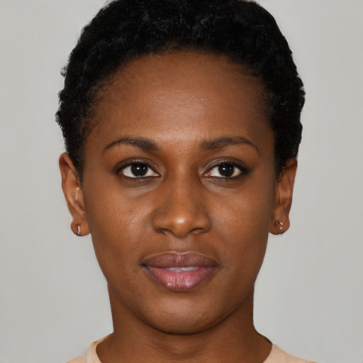 Neutral black young-adult female with short  black hair and brown eyes