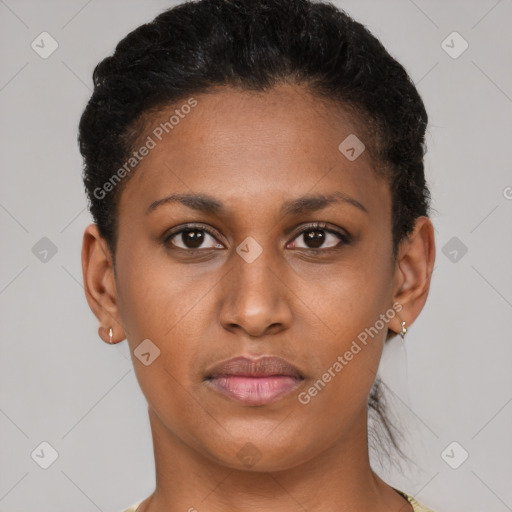 Neutral black young-adult female with short  brown hair and brown eyes