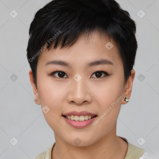 Joyful asian young-adult female with short  brown hair and brown eyes