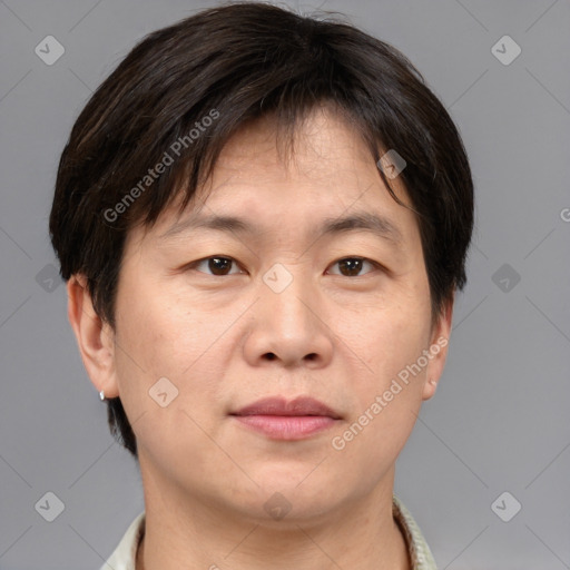 Joyful white adult male with short  brown hair and brown eyes