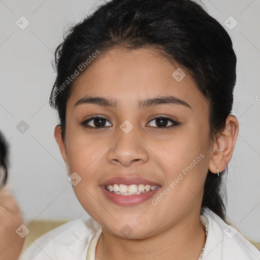 Joyful latino young-adult female with medium  brown hair and brown eyes