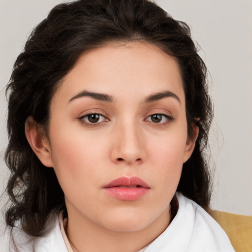 Neutral white young-adult female with medium  brown hair and brown eyes