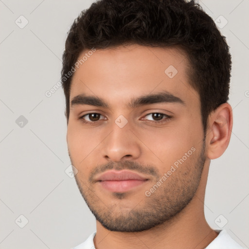 Neutral white young-adult male with short  brown hair and brown eyes