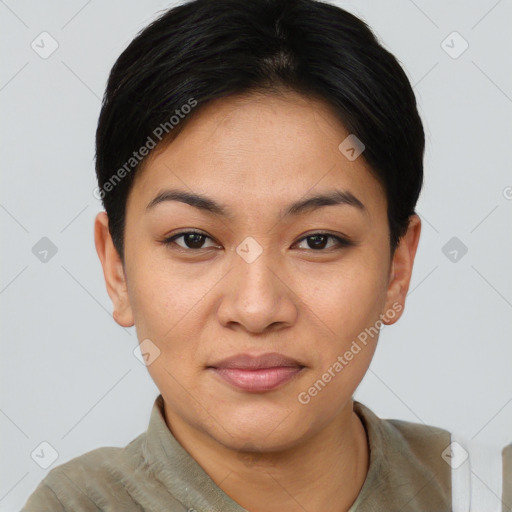 Joyful asian young-adult female with short  black hair and brown eyes