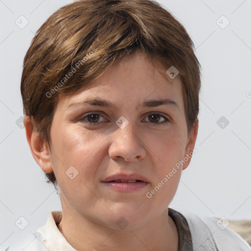 Neutral white young-adult female with short  brown hair and brown eyes